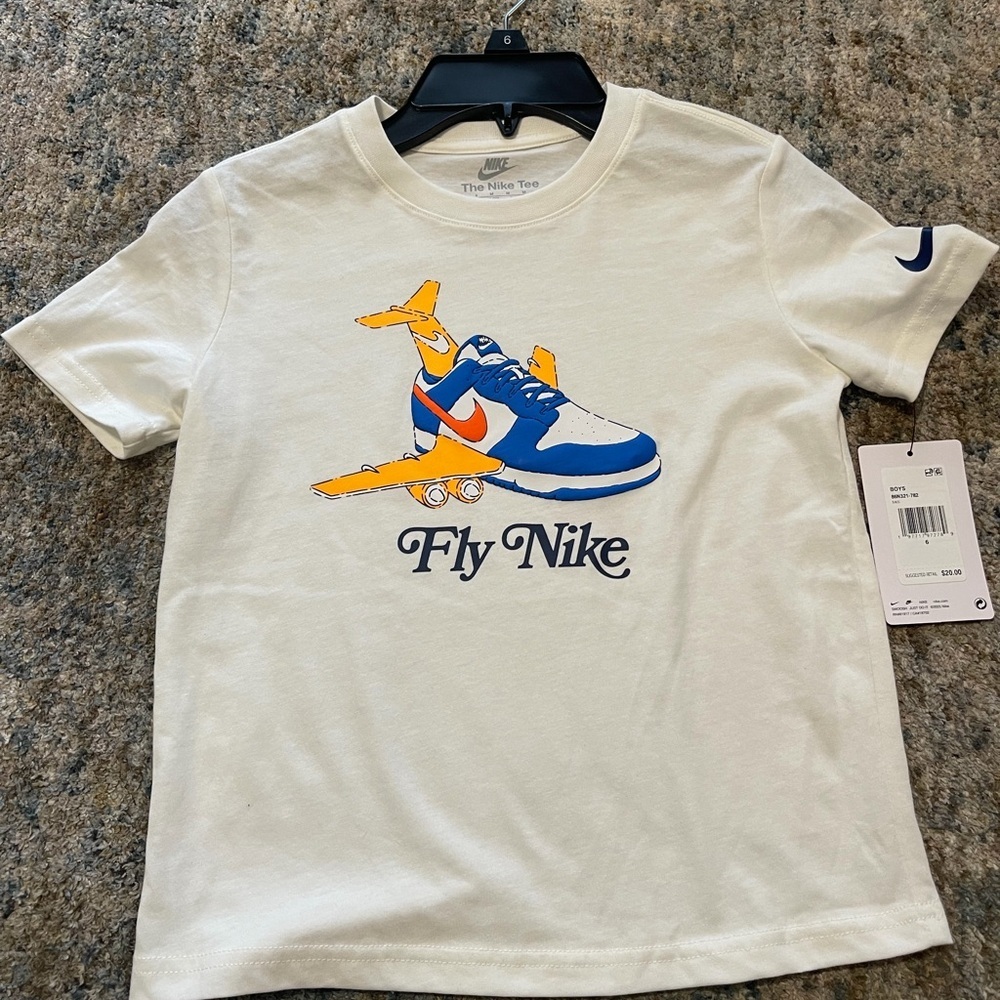 Nike Kids White Tee with Blue & Orange Sneaker Plane Graphic